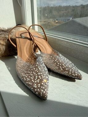 Zara Nude Pearl & Crystal Embellished Pointed Slingback Flats